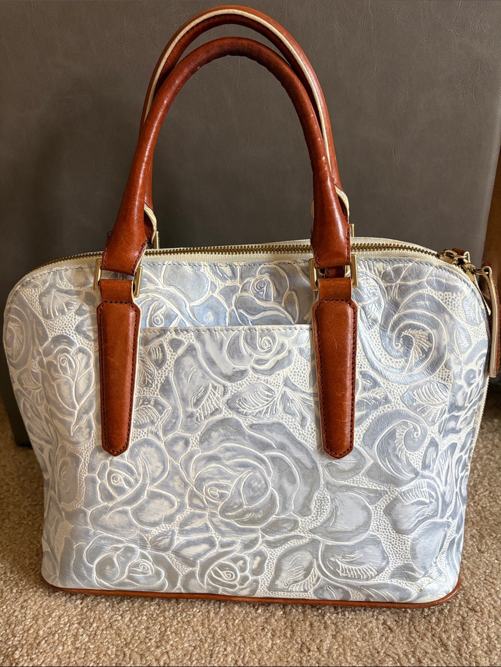 Brahmin Vivian Dome Satchel Blue Floral Embossed with Brown Trim - Picture 6 of 16